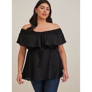 NWT Torrid 3 Black Off-Shoulder Top, Plus Size Blouse 3X 22 24, Georgette Shirt